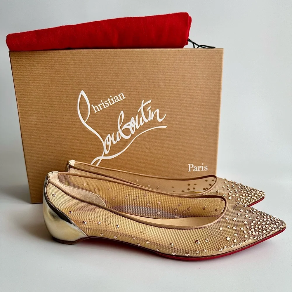 CHRISTIAN LOUBOUTIN Follies Strass Gold Crystal Pointed Toe Ballerina Flats 38 - Picture 3 of 16